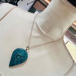 Handcrafted hammered genuine turquoise pendant on chain necklace